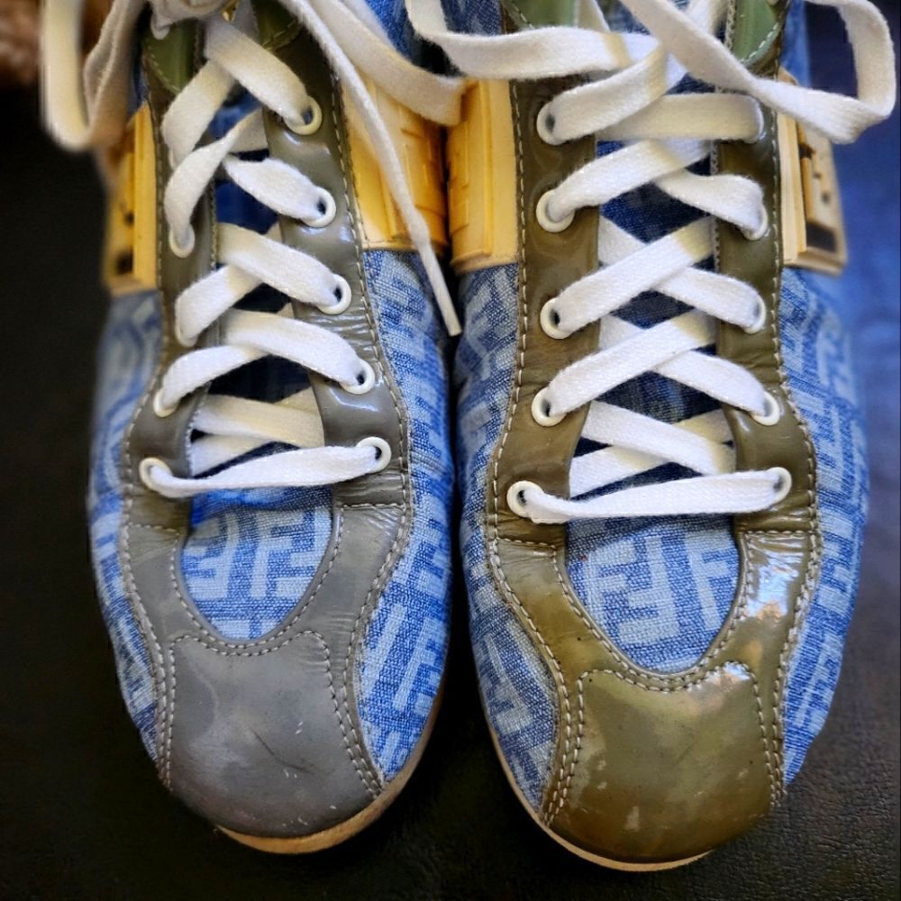 Authentic Fendi FF Logo Blue Canvas and Leather Women's  Sneakers - Picture 4 of 12